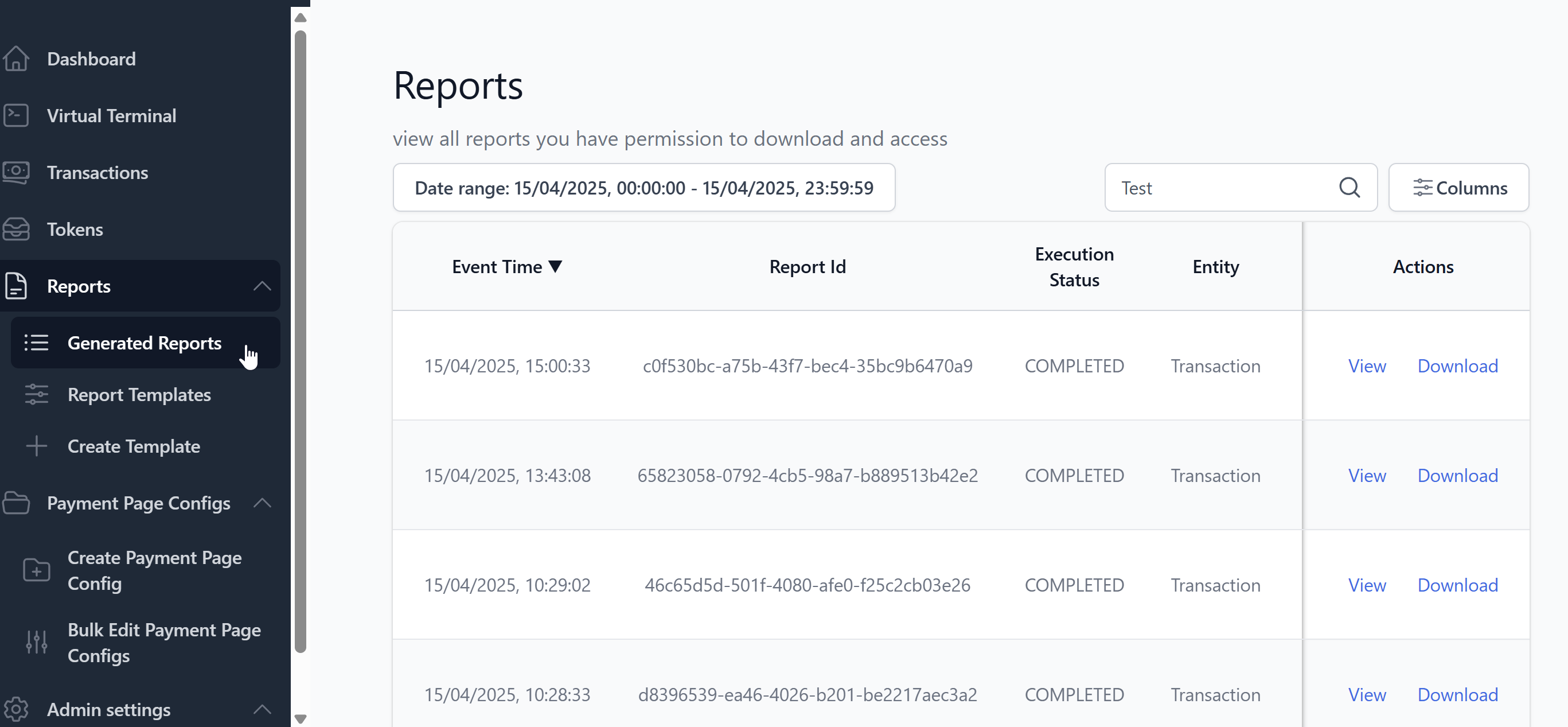 Generated reports list